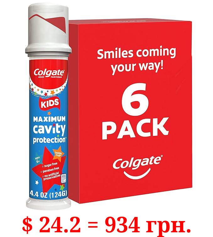 Colgate Kids Toothpaste Pump with Fluoride, Anticavity & Cavity Protection Toothpaste, For Ages 6+, Mild Bubble Fruit Flavor, 4.4 Ounce, 6 Pack