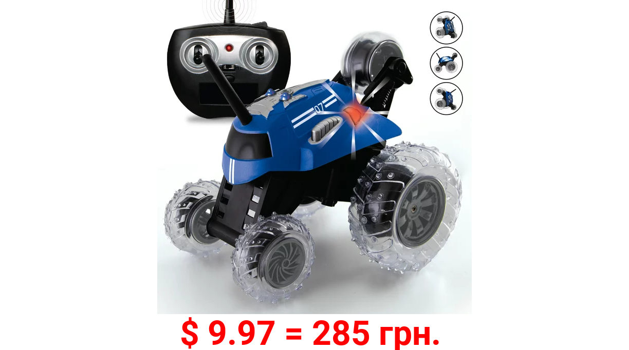 SHARPER IMAGE Thunder Tumbler Toy RC Car for Kids, Remote Control Monster Spinning Stunt Mini Truck for Girls and Boys, Racing Flips and Tricks with 5th Wheel, 27 MHz Blue