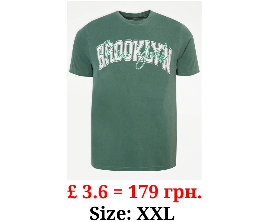 Green Faded Brooklyn Slogan T-Shirt