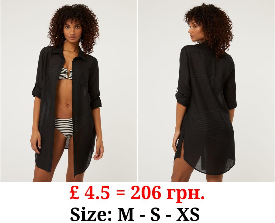 Black Button Up Longline Beach Shirt
