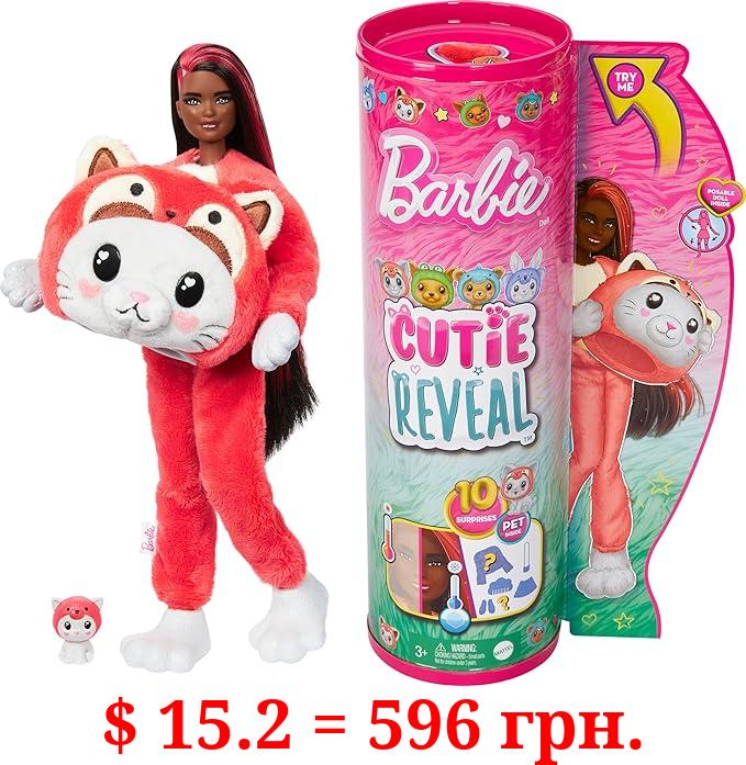 Barbie Cutie Reveal Doll & Accessories with Animal Plush Costume & 10 Surprises Including Color Change, Kitten as Red Panda in Costume- Themed Series