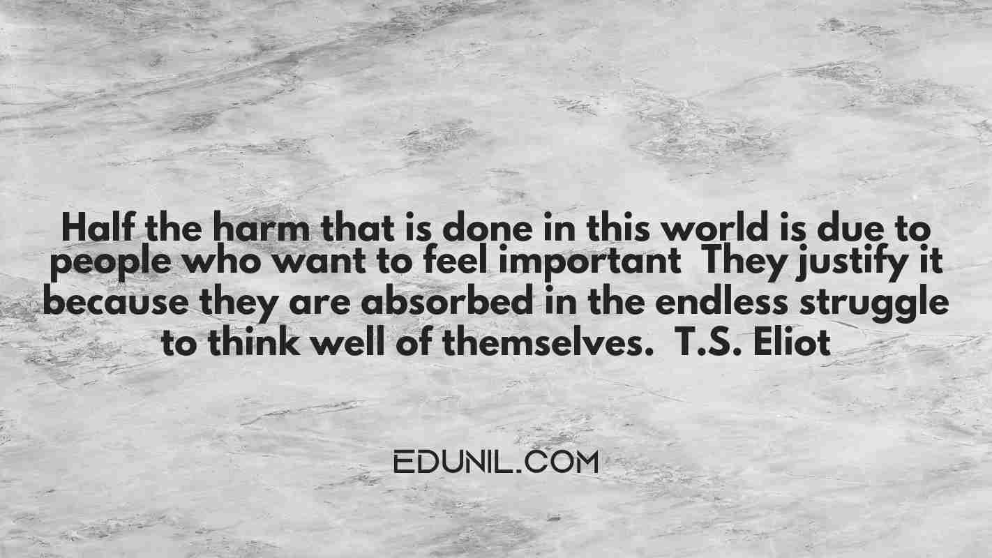 Half the harm that is done in this world is due to people who want to feel important … They justify it because they are absorbed in the endless struggle to think well of themselves. — T.S. Eliot -  