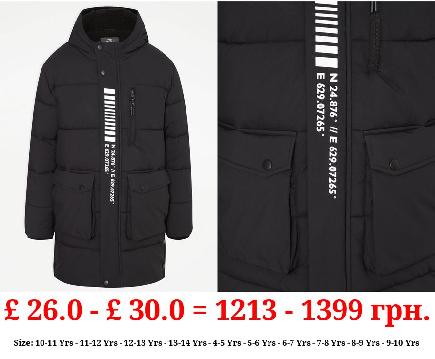 Black Longline Padded Pocket Coat