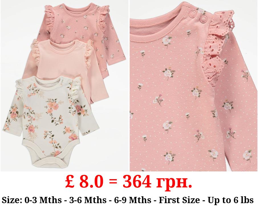 Pink Rose Print Long Sleeve Bodysuits 3 Pack