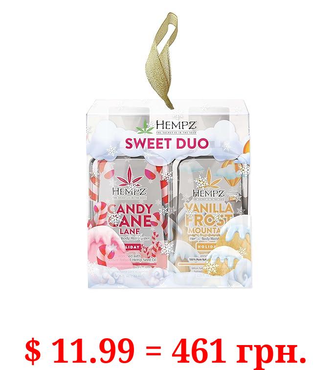 Hempz Sweet Duo Candy Cane Lane (2.25 Oz) & Vanilla Frost Mountain (2.25 Oz) Body Moisturizer Holiday Gift Set - Mini Holiday Scented Travel Cream Skin Care for Women & Men, Made with Shea Butter