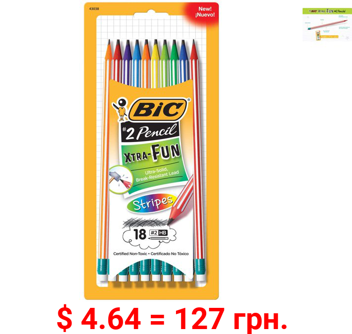 Bic Xtra-Fun Stripes Woodcase Pencils, #2 HB, Black Lead, 18-Count