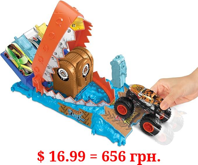 Hot Wheels Monster Trucks Arena Smashers Treasure Chomp Challenge Playset with 1:64 Scale Tiger Shark Toy Monster Truck & 1 Crushed Car