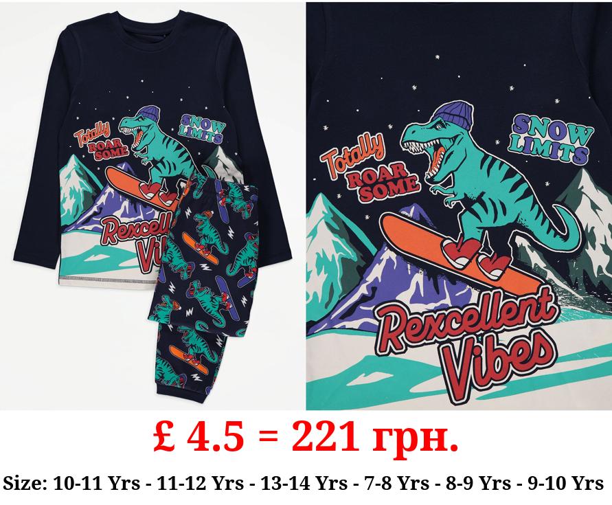 Navy Snowboarding Dinosaur Pyjamas
