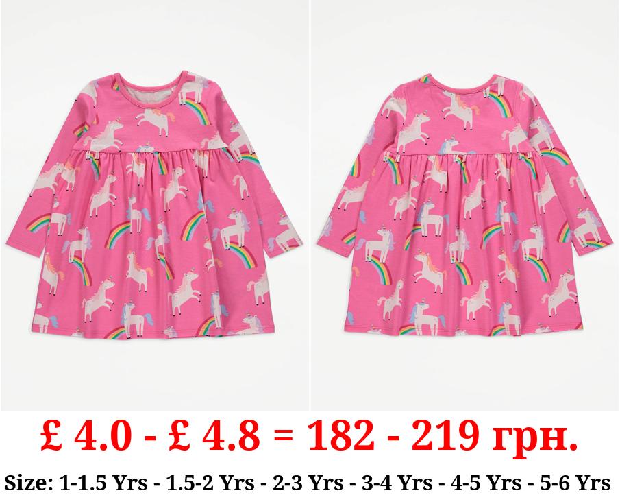 Pink Unicorn Rainbow Print Long Sleeve Dress