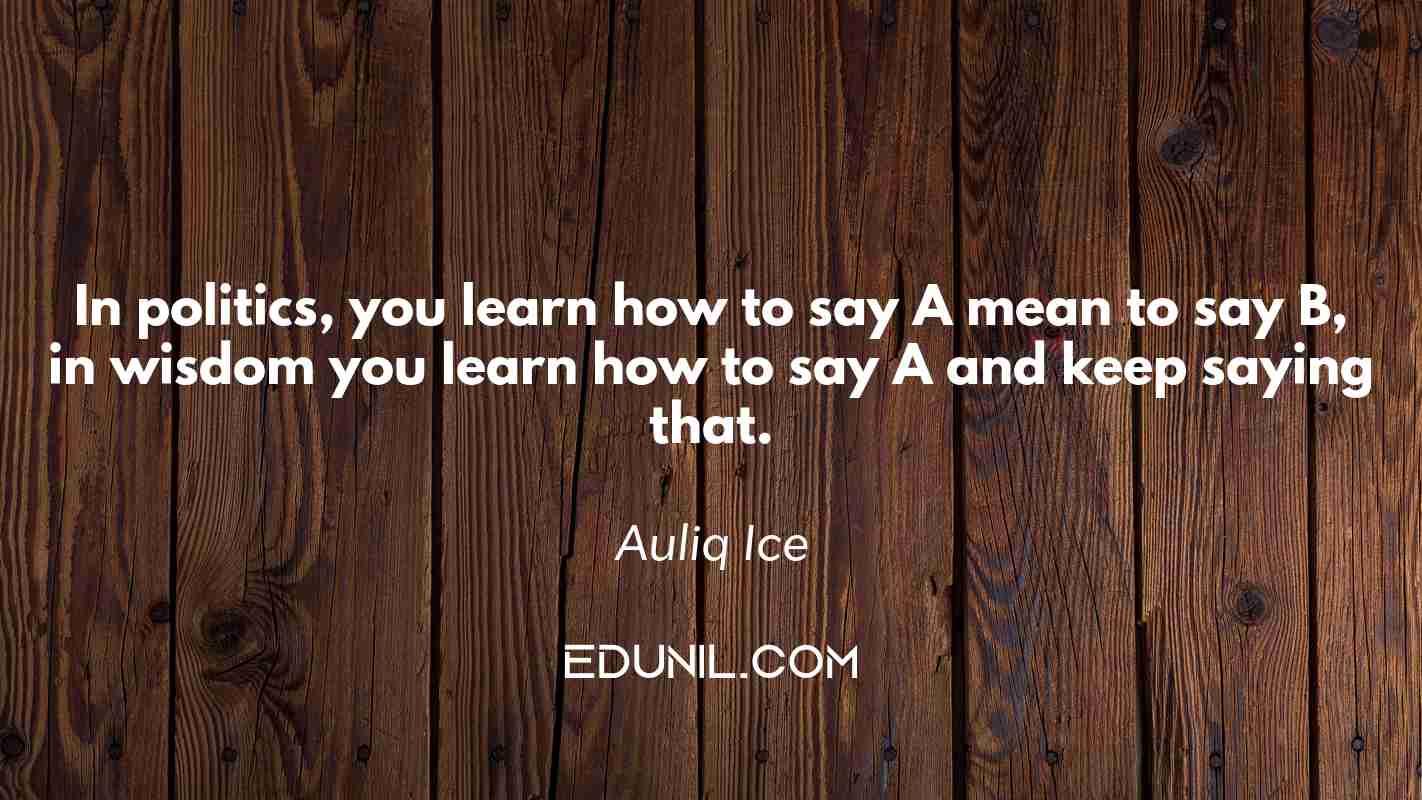 In politics, you learn how to say A mean to say B, in wisdom you learn how to say A and keep saying that. - Auliq Ice 