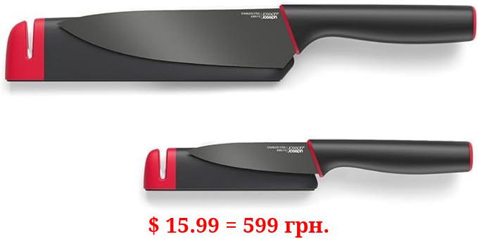 Joseph Joseph Slice & Sharpen 6" Chef's Knive and 3.5" Paring Knife with Sharpening Protective Sheaths, Black
