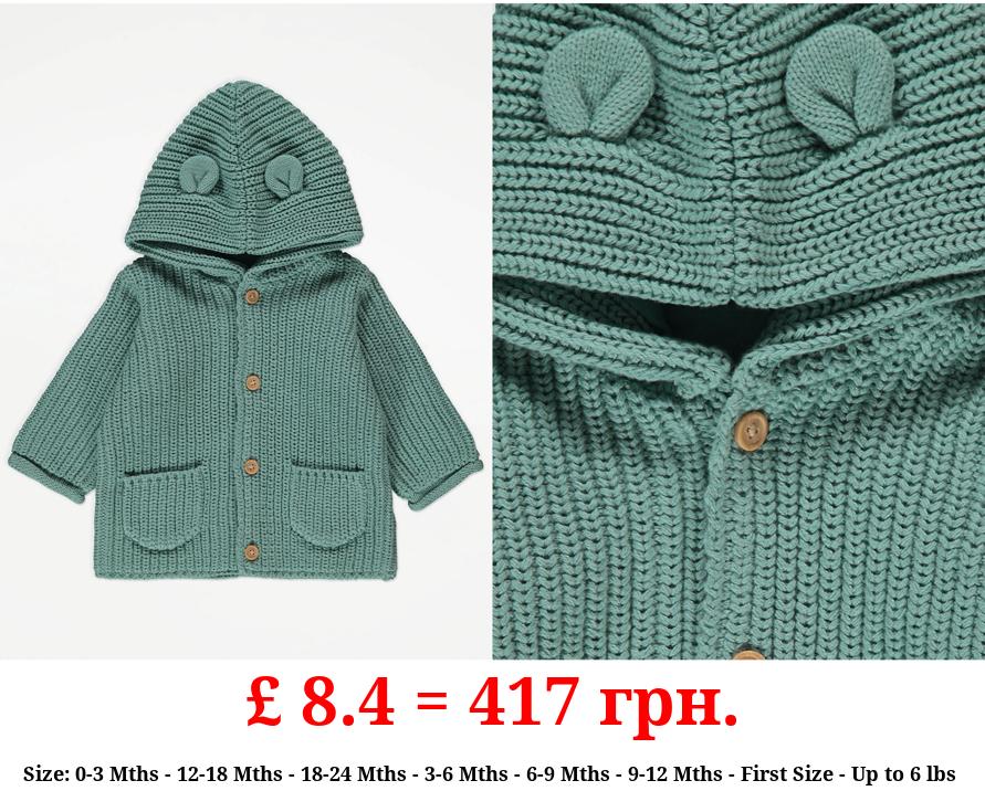 Khaki Knit Button 3D Ears Hooded Cardigan