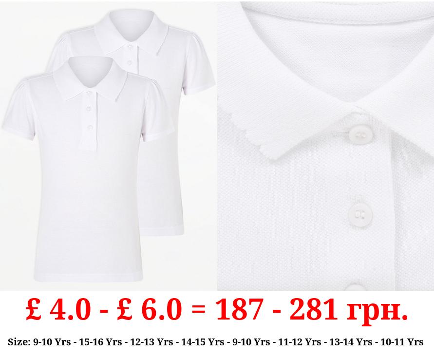 Girls White Scallop Short Sleeve School Polo Shirts 2 Pack