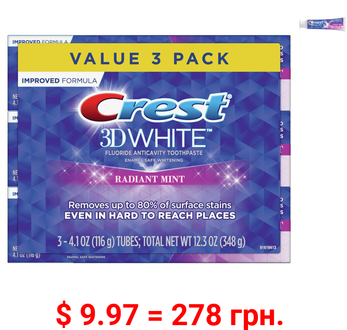 Crest 3D White Whitening Toothpaste, Radiant Mint, 4.1 oz, 3 Pack