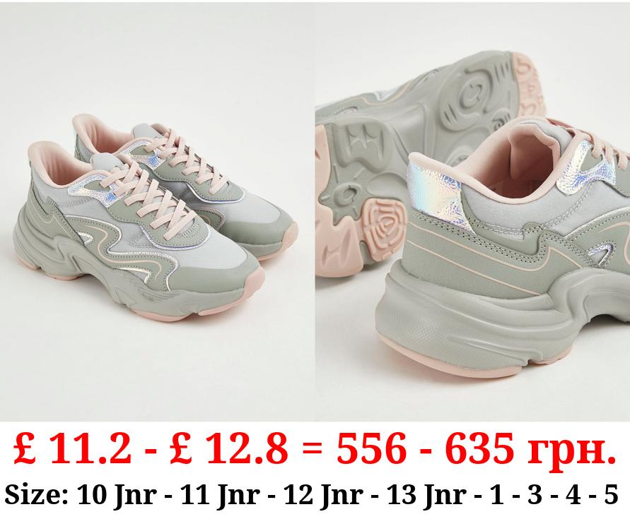 Grey Pink Trim Chunky Sporty Trainers