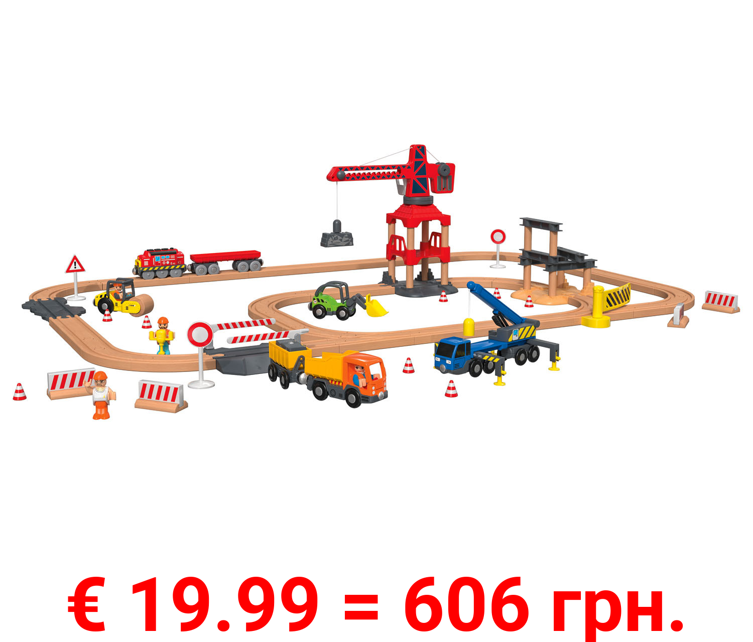 PLAYTIVE® Holz Eisenbahn Baustelle, 68-teilig
