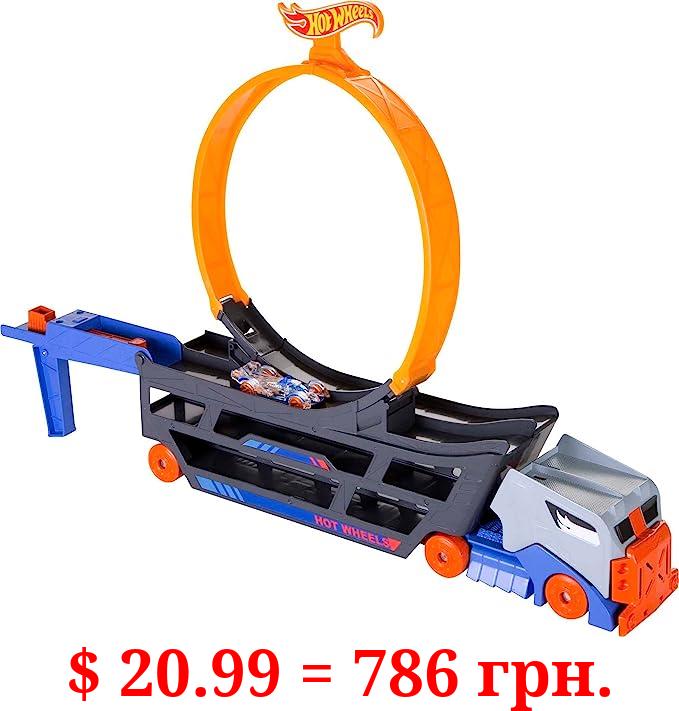 Hot Wheels Transporter Truck Mobile Play Set Large Loop Collapsible Launcher Room for 18 Die-Cast 1:16 Vehicles Ages 3 and Up