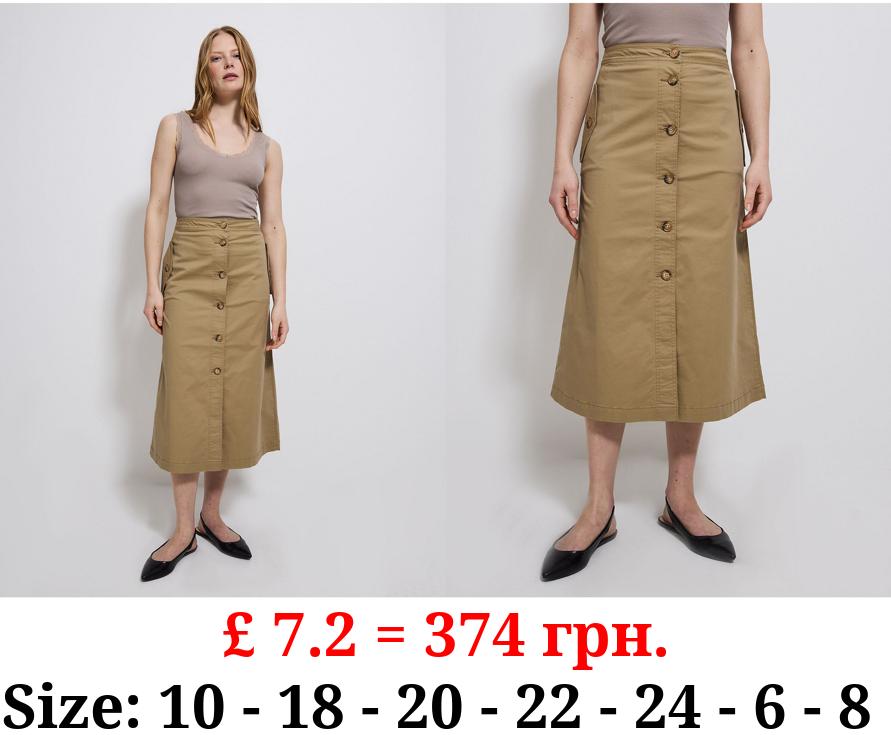 Light Tan A Line Button front Pocket Midi Skirt