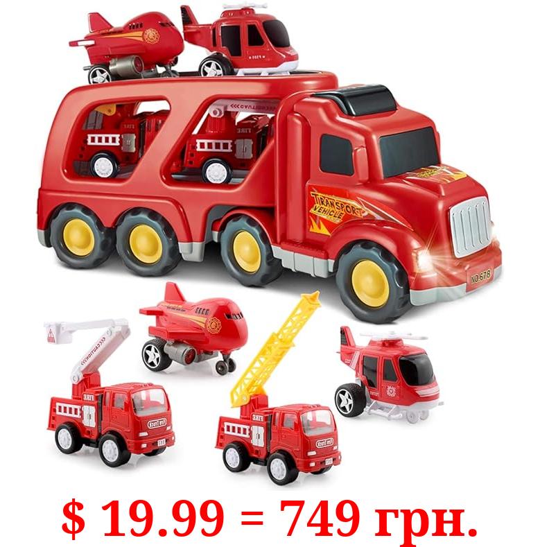 SLENPET Fire Truck Toys for 3 4 5 Years Old Boys Kids Toddlers, Vehicles Toy Set with Light and Sound, Large Transport Cargo Truck, Small Helicopter, Airplane, Emergency Rescue Cars, 5 in 1 Playset