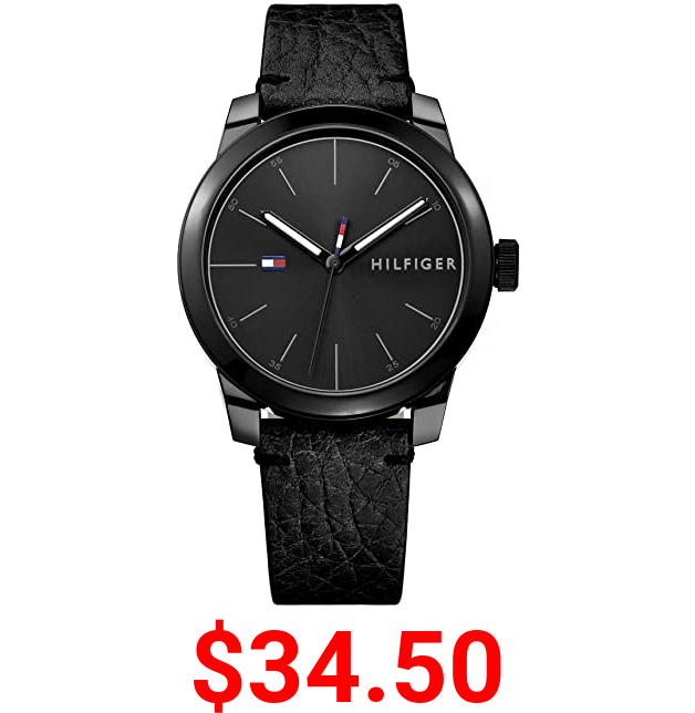 Tommy Hilfiger Men's Quartz Ion Plated and Leather Strap Watch, Color: Black (Model: 1791384)