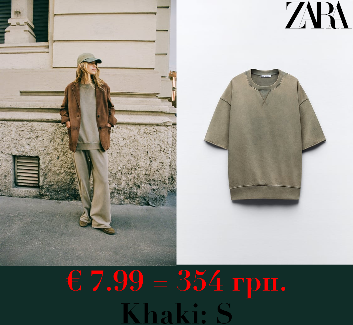 FADED-EFFECT SHORT SLEEVE PLUSH SWEATSHIRT