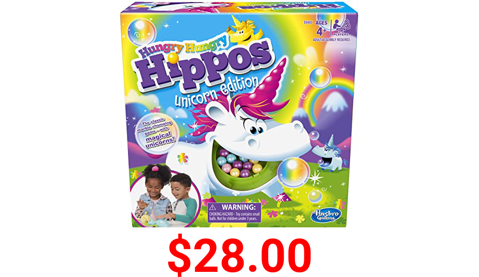 Hasbro Gaming Hungry Hungry Hippos Unicorn Edition Board Game; Pre-School Game for Kids ages 4 and Up; For 2 to 4 Players
