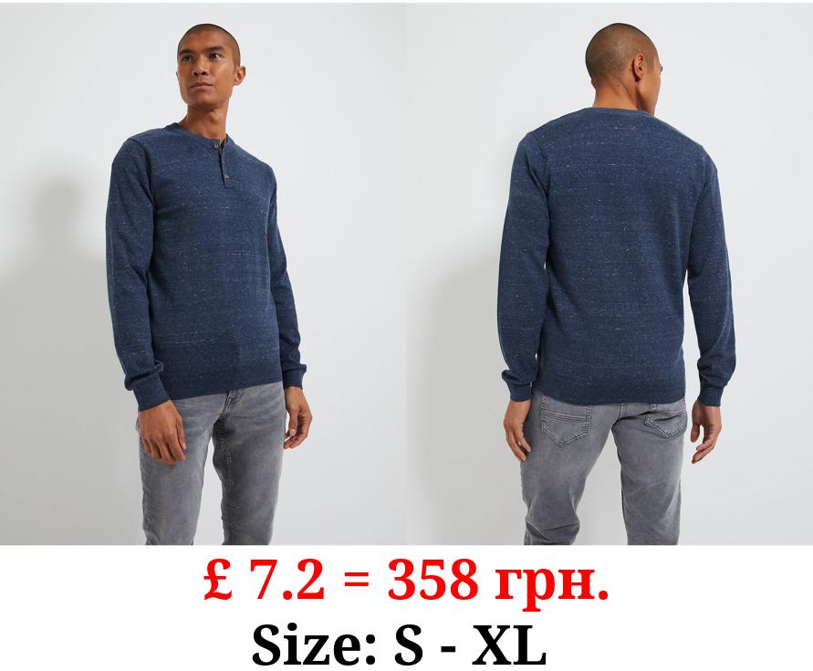 Navy Speckled Button Neck Knitted Jumper