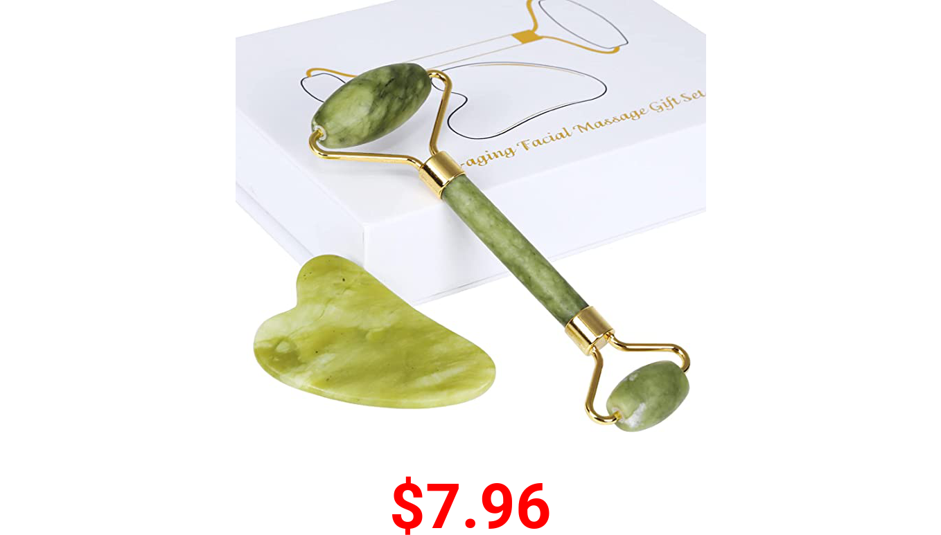 PureNice Jade Roller & Gua Sha Facial Tools Set -Natural Quartz Face Roller Massager for Skin Care, Relieving Wrinkle & Muscle Relaxing