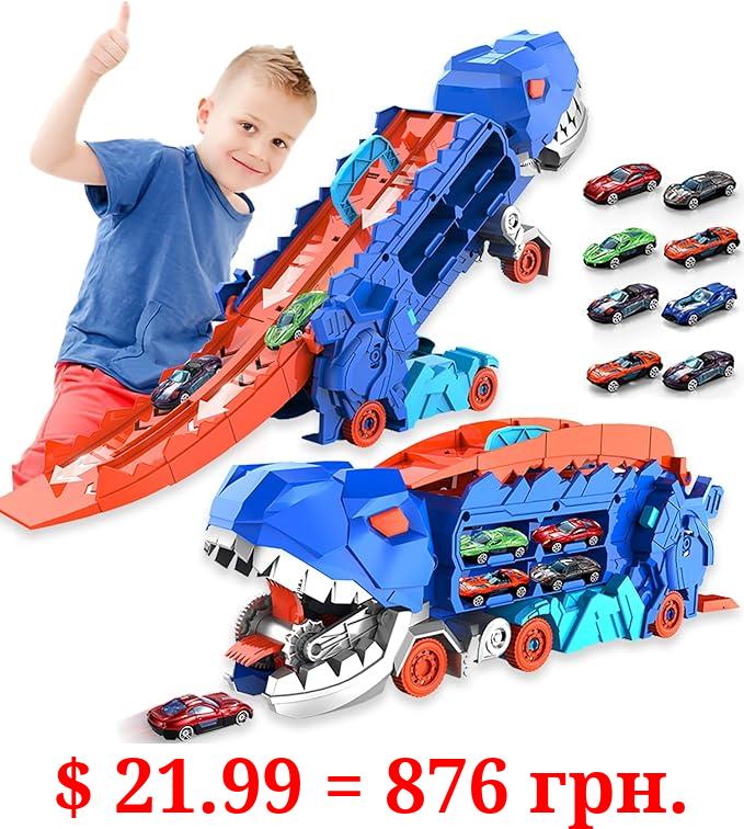 Dufuntotoys City Dinosaur Ultimate Hauler Track Toy, Transforms into Stomping Dinosaur with Race Track Ultimate Transporter Hauler Toddler Toys Gifts for Kids Ages 3 4 5 6 Years Old(4 Cars)