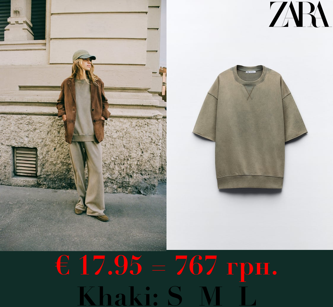 FADED-EFFECT SHORT SLEEVE PLUSH SWEATSHIRT