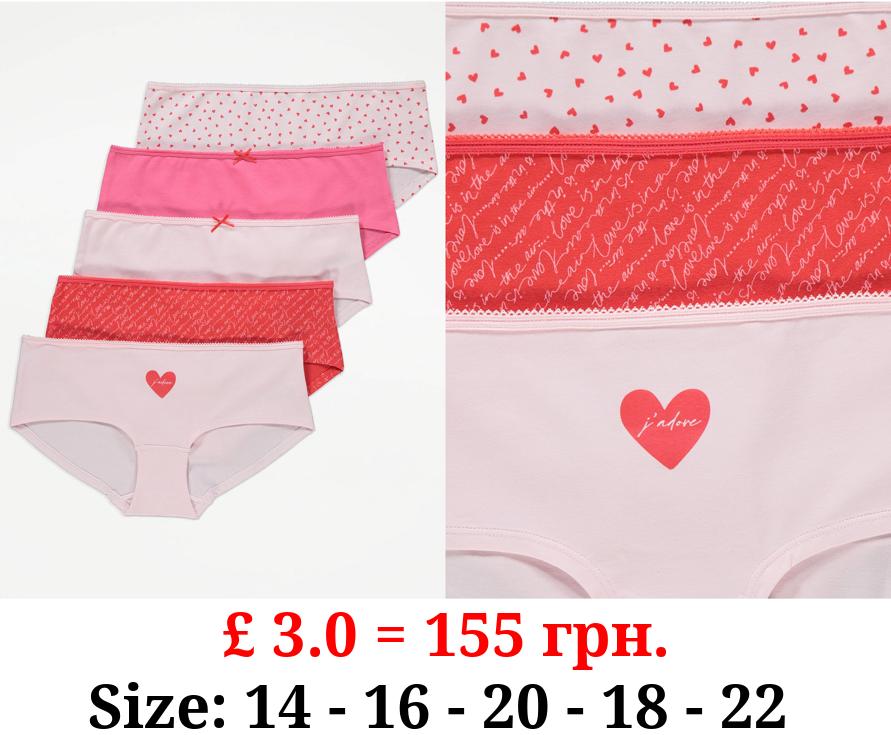 Pink Valentines Short Knickers 5 Pack