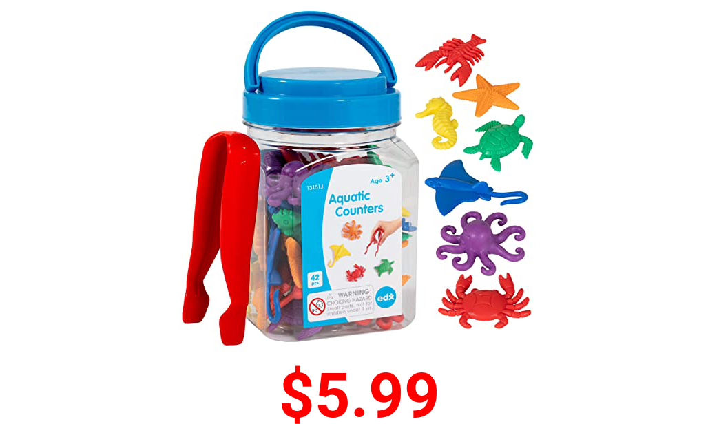 edxeducation-13151 Aquatic Counters - Mini Jar Set of 42 - Learn Counting, Colors, Sorting and Sequencing - Math Manipulative for Kids