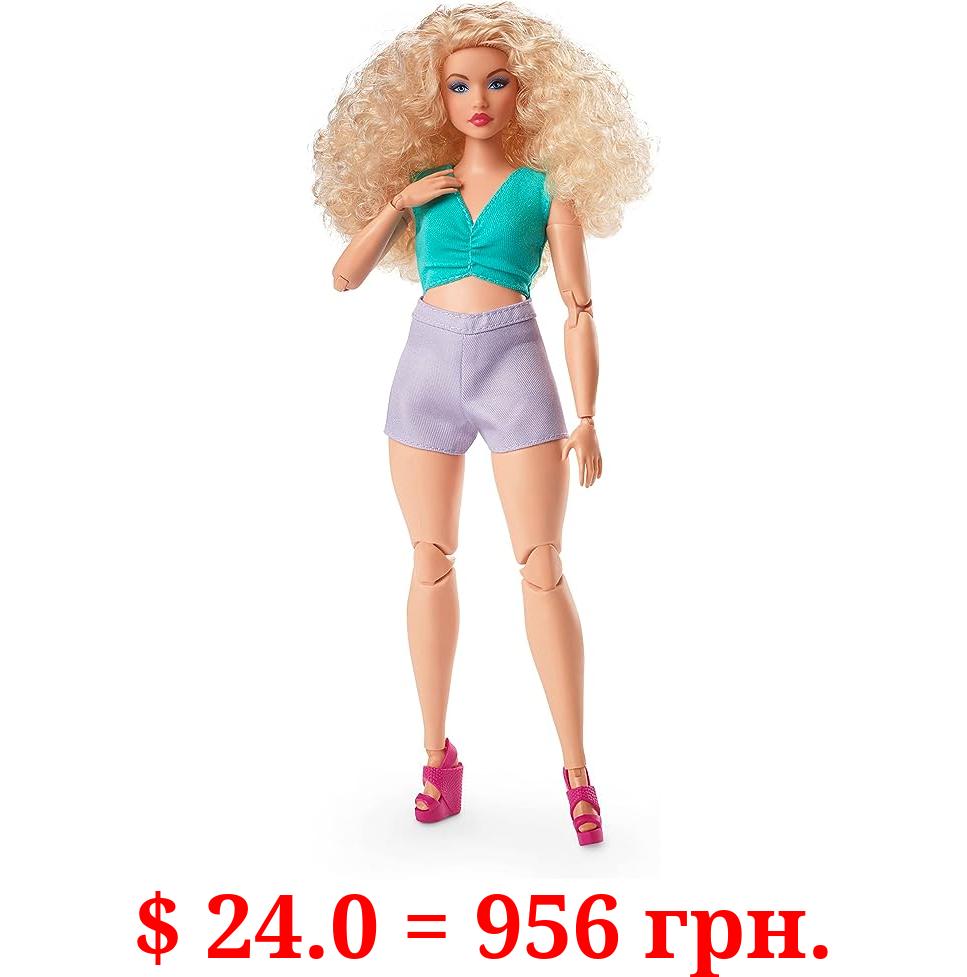 Barbie Looks Doll with Curly Blonde Hair Dressed in Ruched Crop Top & Satiny Lavender Shorts, Posable Made to Move Body