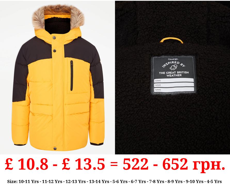Yellow Faux Fur Trim Padded Coat