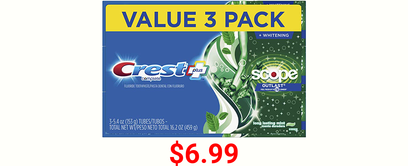 Crest Complete Whitening + Scope, Long Lasting Mint Toothpaste, Triple Pack (3 Count of 5.4 oz Tubes), 16.2 oz