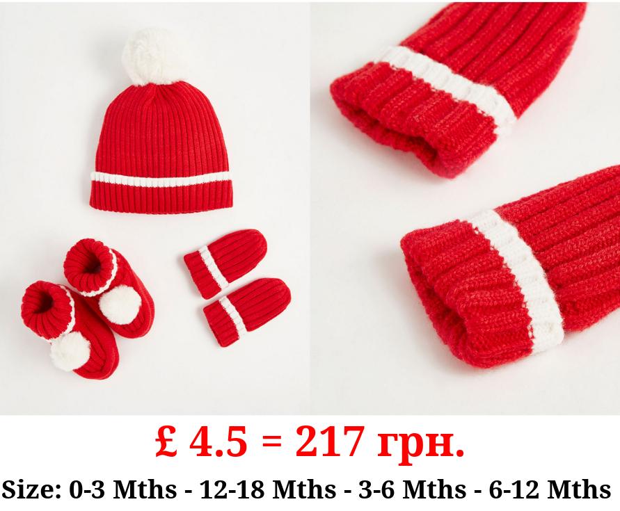Red Bobble Beanie Hat Mittens and Booties Set