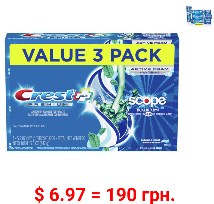Crest Premium Plus Scope Dual Blast Toothpaste, Mint, 5.2 oz, 3 Pack