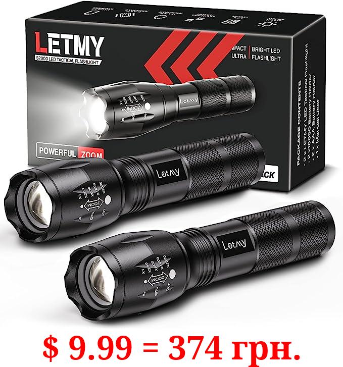 LETMY LED Tactical Flashlight S1000 PRO - 2 Pack Bright Military Grade Flashlights High Lumens - Portable Handheld Flash Lights with 5 Modes, Zoomable, Waterproof for Camping Outdoor Emergency