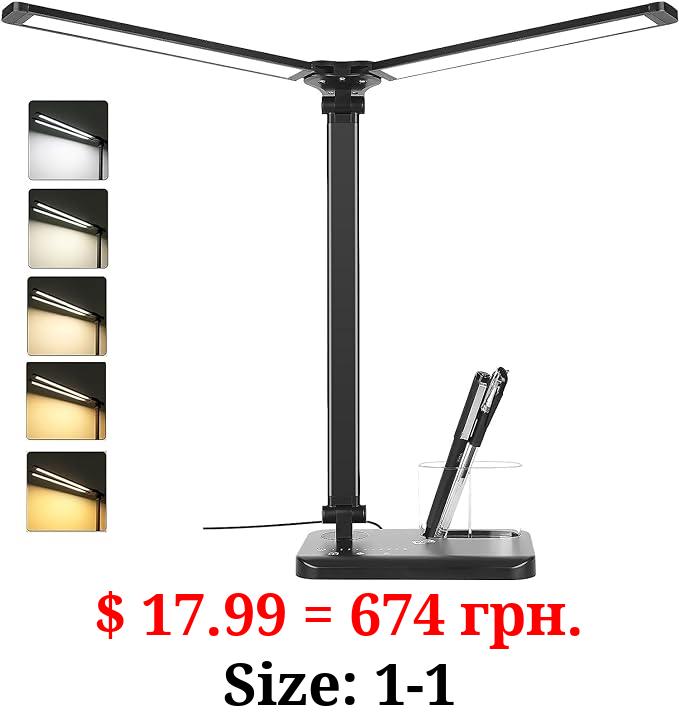 Woputne Desk Lamp, Dual Head Desk Light, 5 Lighting Modes Dimmable Brightness Reading Light, Touch Control LED Desk Lamp, Home Office Lamp, Table Lamp for Bedroom Bedside Desktop, Study, Craft, Black