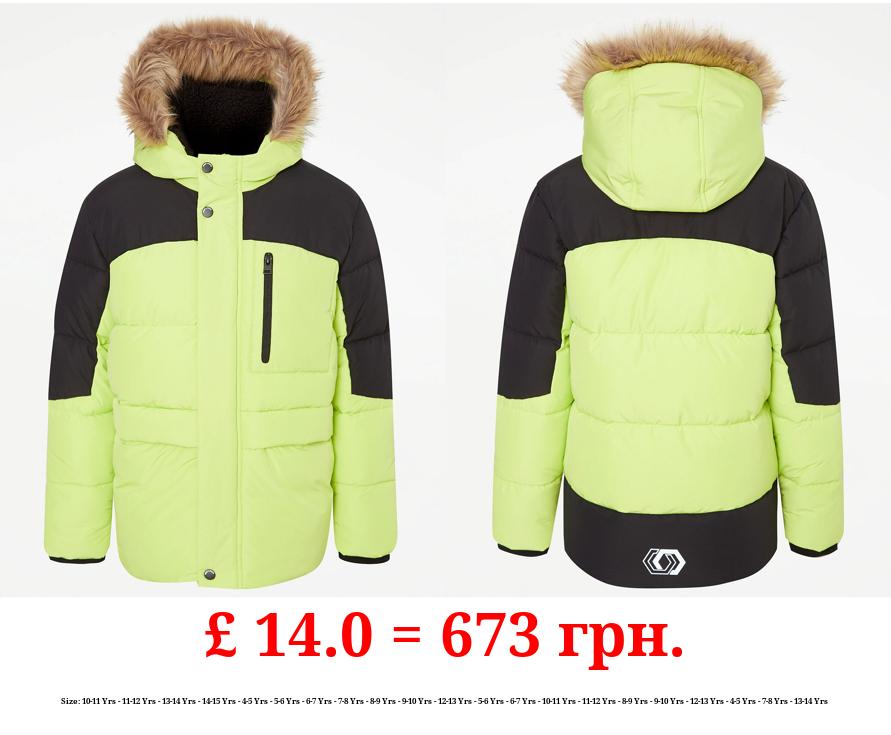 Lime Green Faux Fur Trim Hooded Padded Coat