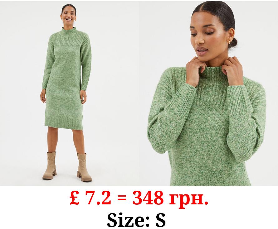 Green Funnel Neck Knitted Jumper Dress