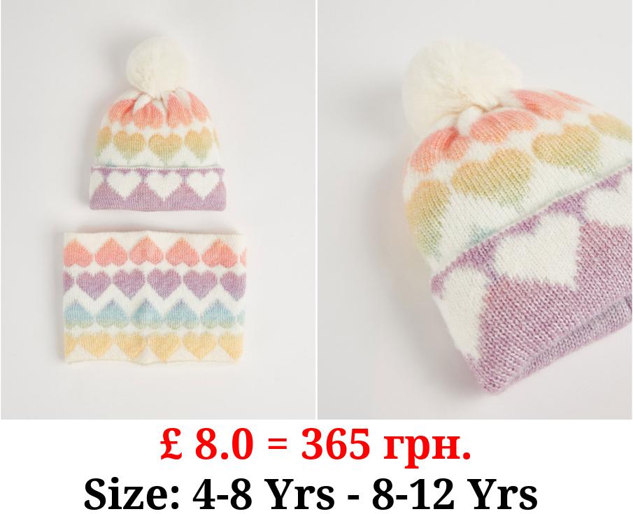Rainbow Heart Bobble Hat and Snood 2 Piece Set