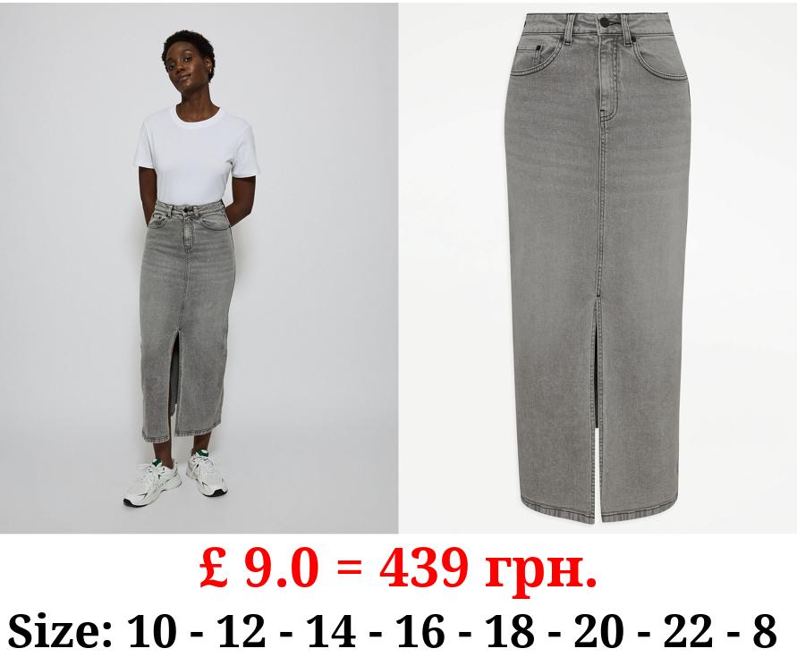 Grey Mid Wash Mid Rise Denim Skirt