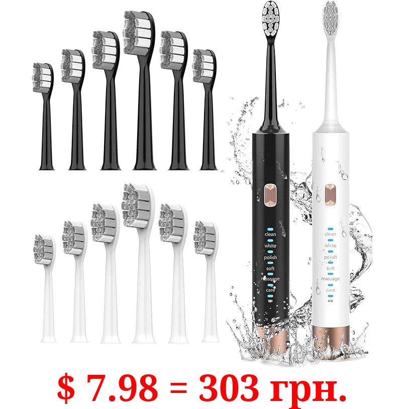 Aneebart Sonic Electric Toothbrush 2 Pack，Electric Toothbrush for Adults and Kids ，Travel Electric Toothbrush Includes 12 Dupont Brush Heads，IPx7 Waterproof (Black White)