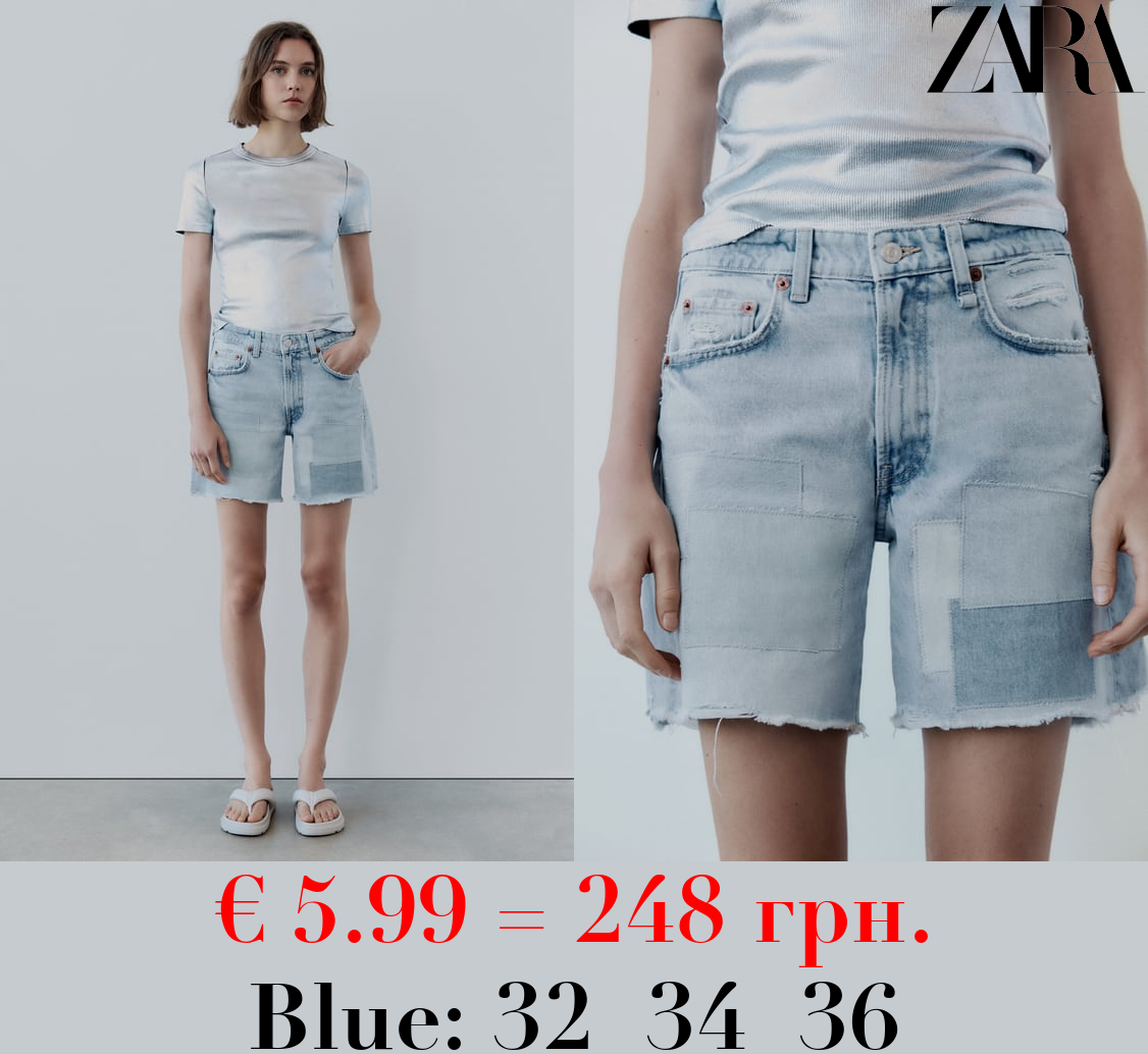 TRF MID-RISE DENIM BERMUDA SHORTS WITH PATCHES