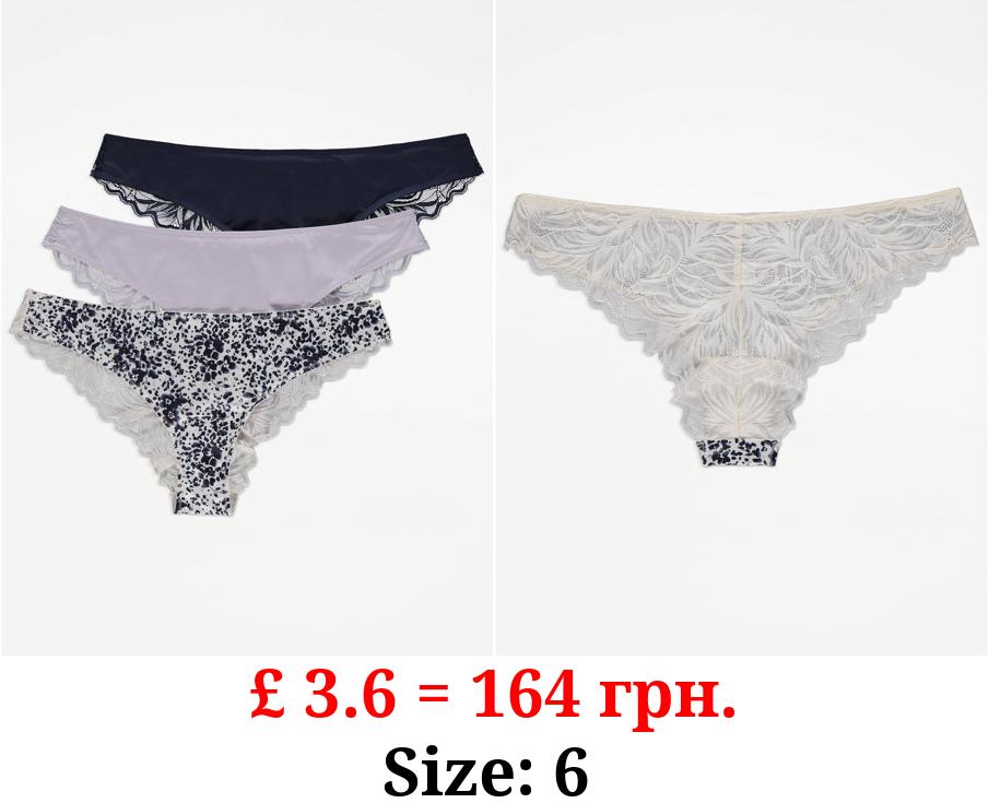 Floral Lace Trim Brazilian Knickers 3 Pack