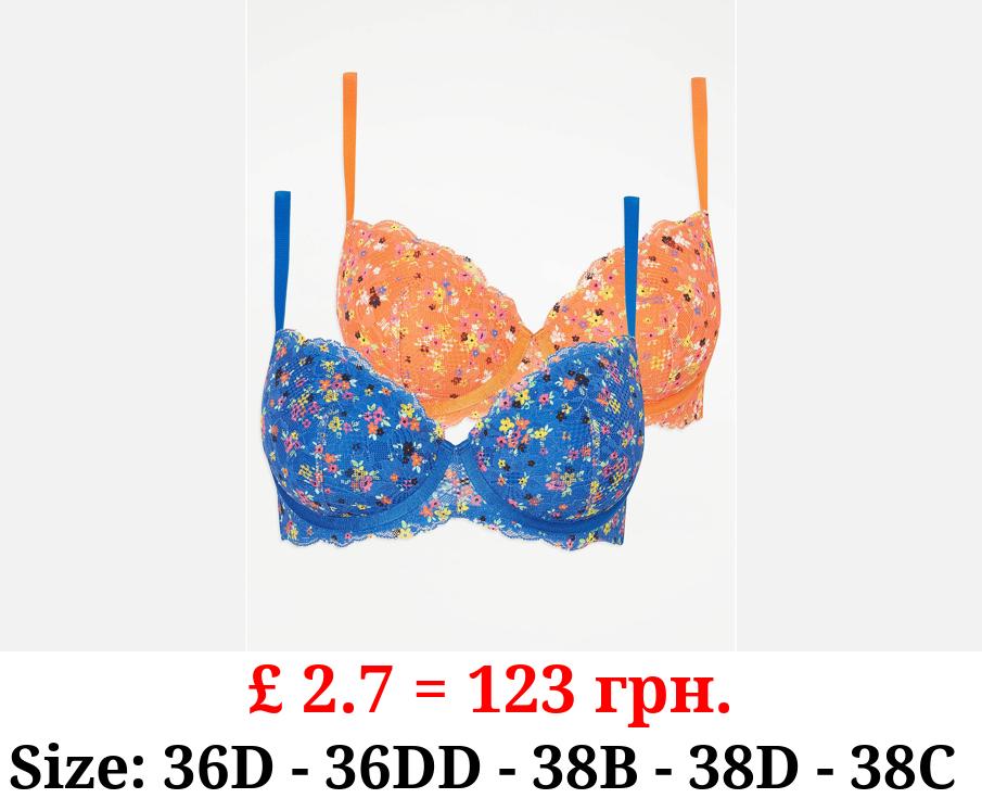 Lace Floral Printed Padded T-Shirt Bras 2 Pack