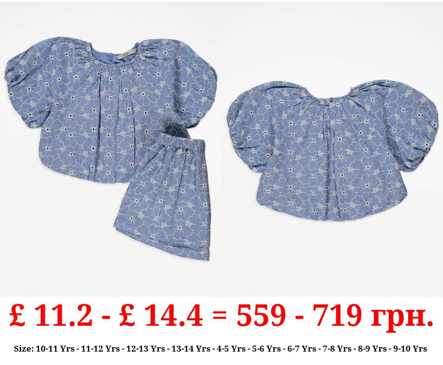 Blue Denim Embroidered Top and Shorts Outfit