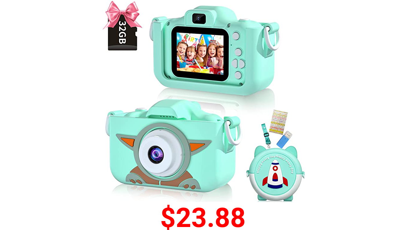 Kids Camera for Boys Girls, 1080P HD Digital Dual Camera 20MP Video Camcorder Camera Birthday Gifts Boy Toys for 3 4 5 6 7 8 Year Old Boys Girls with 32GB SD Card Puzzle Games(Light Green)