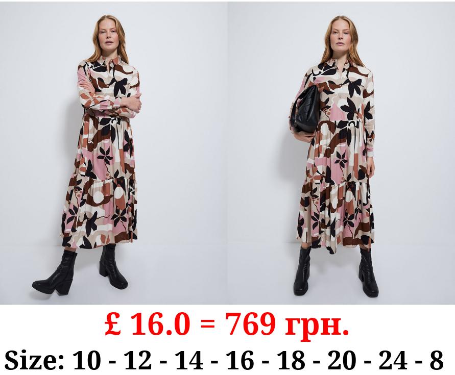 Neutral Floral Midi Shirt Dress